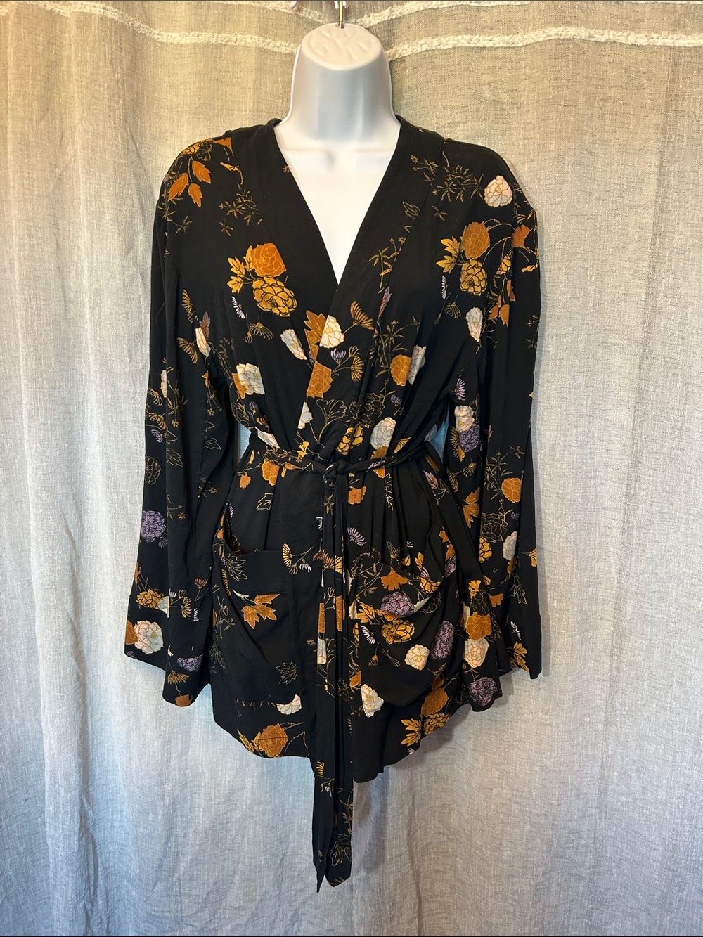 Free People Black Floral Tie-Front kimono blouse with Rust and Lavender Accents